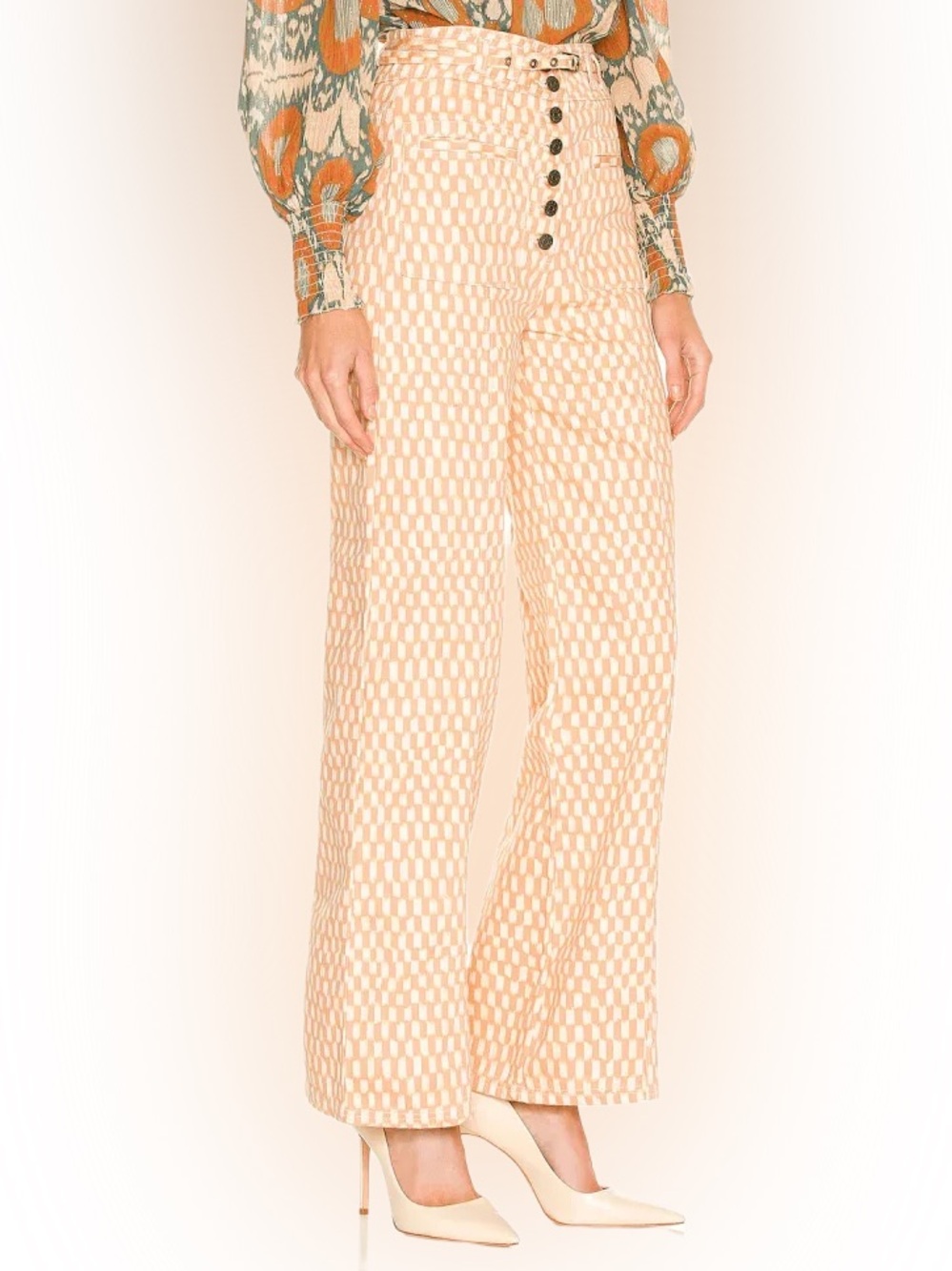 Ulla Johnson Abrams Pant Jeans Tan Clay Painted Checkered High-Rise Wide-Leg 8